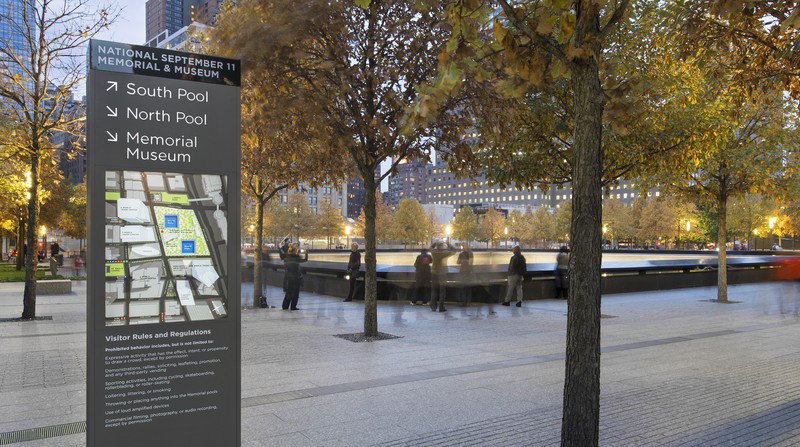 Exterior plaza sign at 9/11 memorial